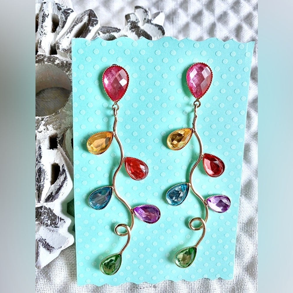 New Christmas Lights Style Pink Purple Multicolor Crystal Earrings - 3.75” - Picture 4 of 5